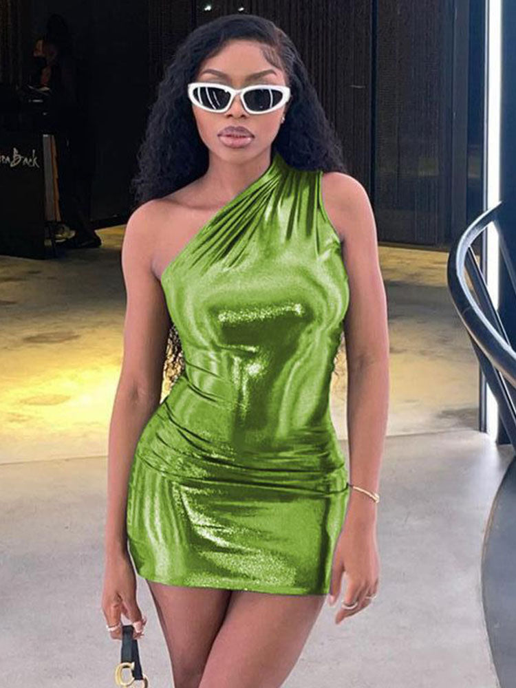 Pu Leder Eine Schulter Ärmellose Drapierte Mini Prom Kleid 2024 Sommer Herbst Frauen Elegante Y2K Abend Party Club Kleidung 