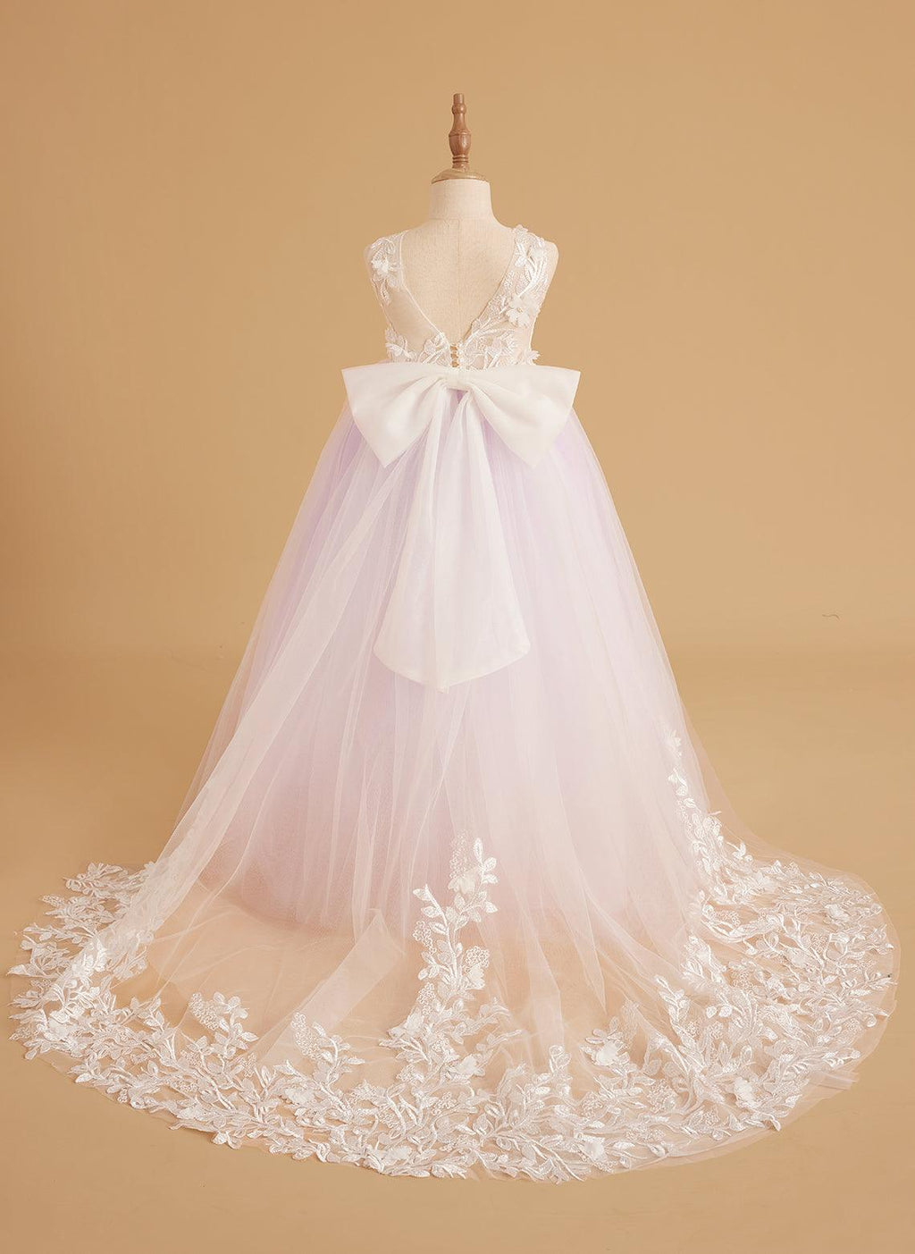 Sleeveless Princess Flower Girl Dress With Detachable Train And Beaded Lace