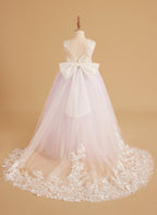 Sleeveless Princess Flower Girl Dress With Detachable Train And Beaded Lace