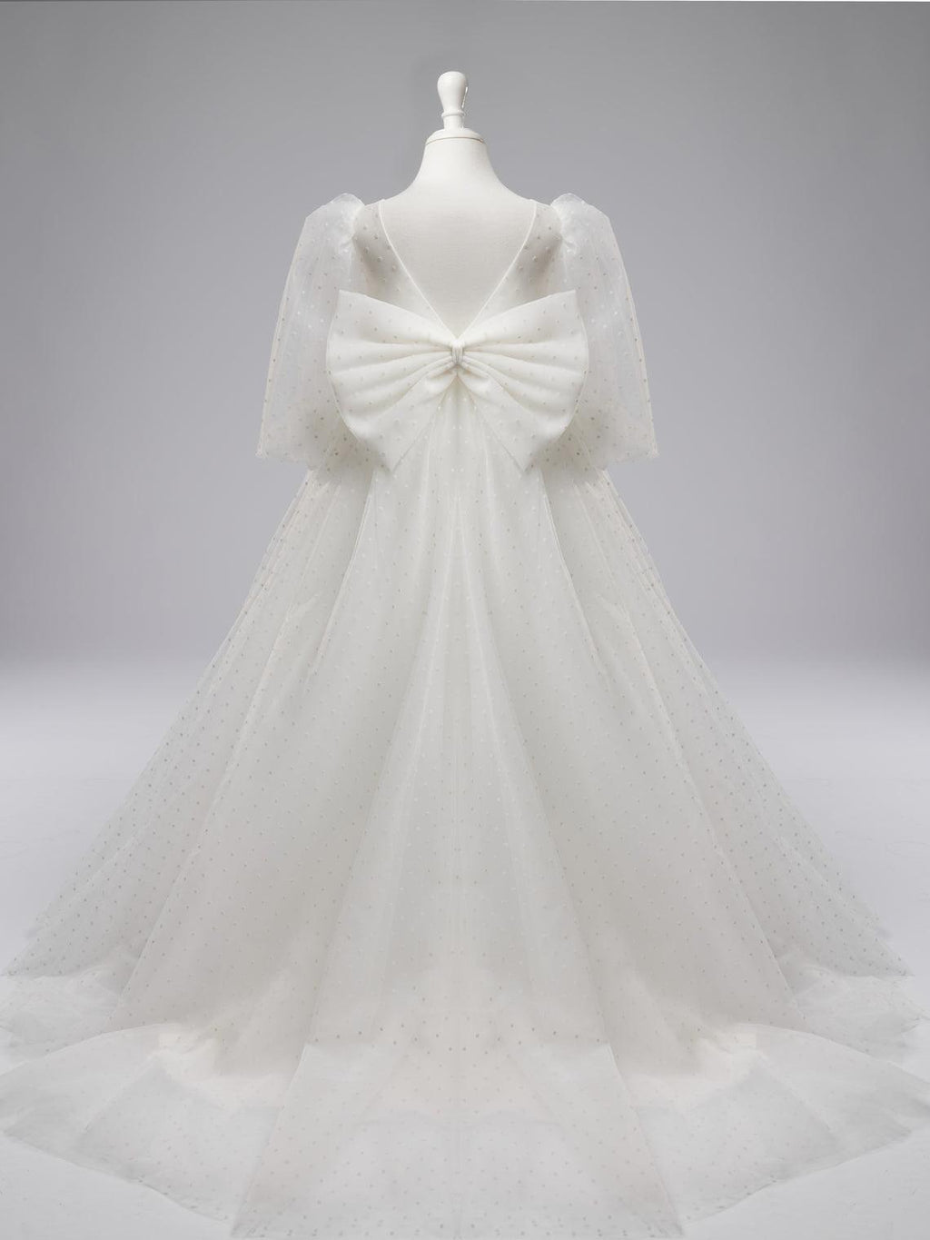 Ivory Polka Dot Tulle Puff Sleeve Sweep Train First Communion Flower Girl Dress