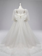 Ivory Polka Dot Tulle Puff Sleeve Sweep Train First Communion Flower Girl Dress
