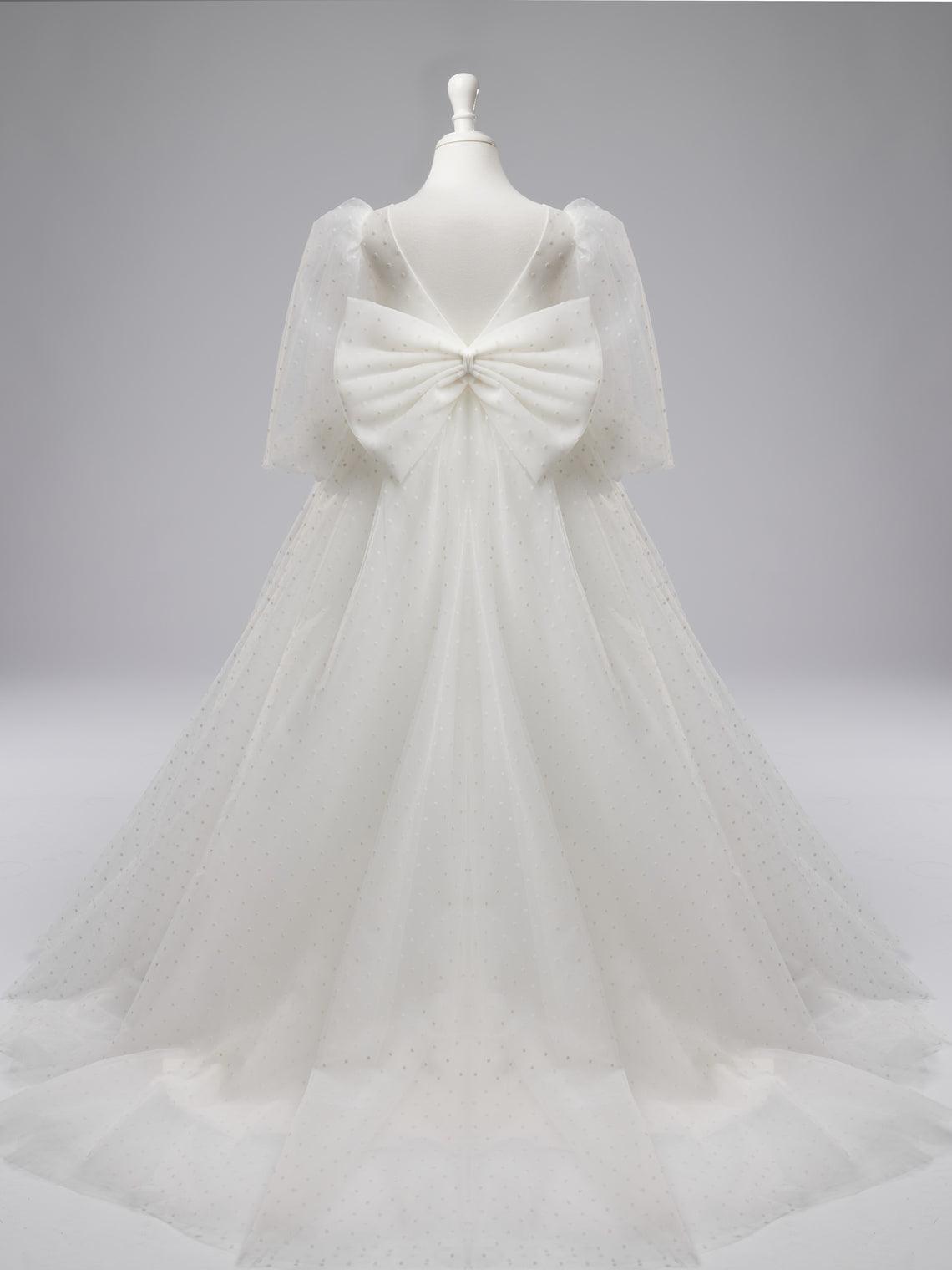 Ivory Polka Dot Tulle Puff Sleeve Sweep Train First Communion Flower Girl Dress