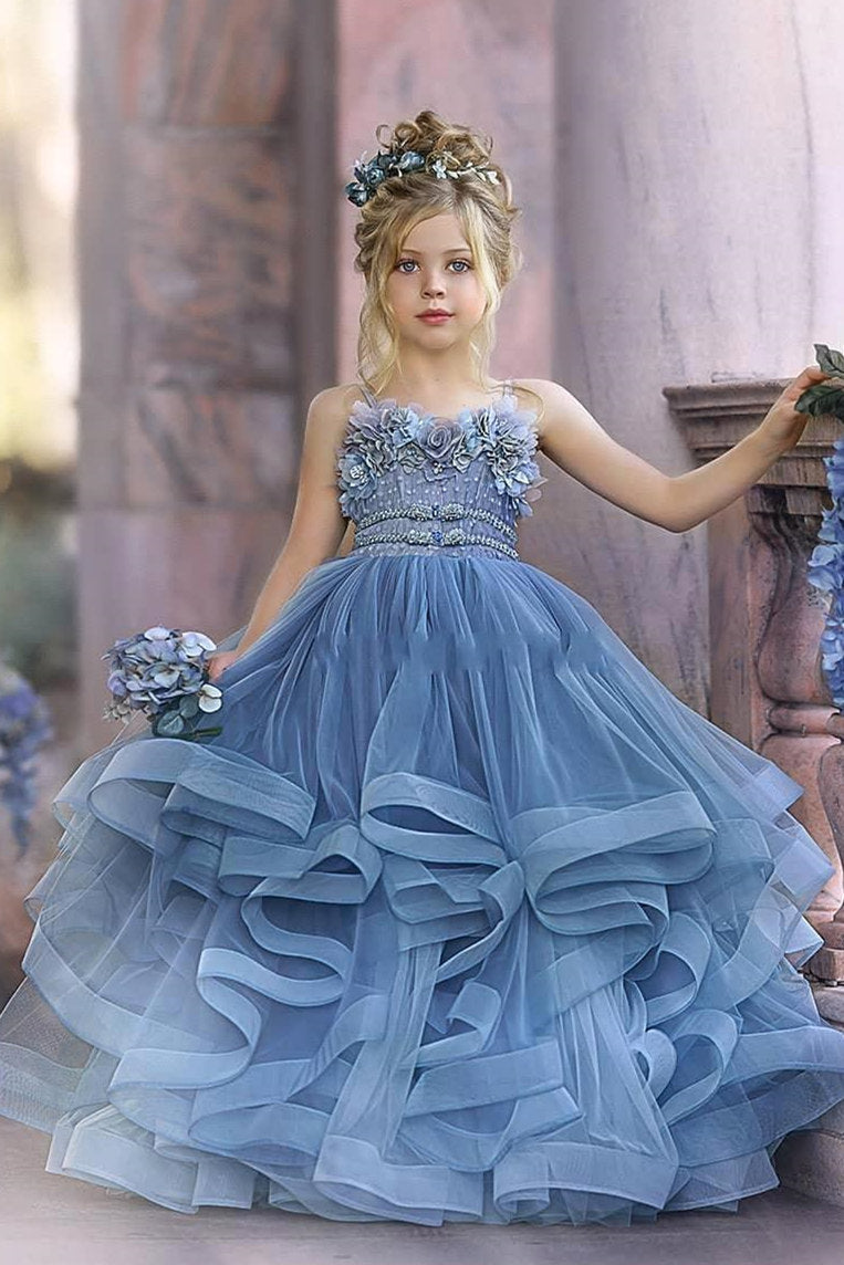 BMbridal Blue Spaghetti Straps Tulle Flower Girl Dress Layered With Appliques