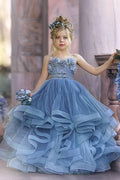 BMbridal Blue Spaghetti Straps Tulle Flower Girl Dress Layered With Appliques