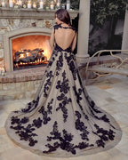 Modern Black V Neck Open Back A Line Wedding Dress With Lace And Tulle