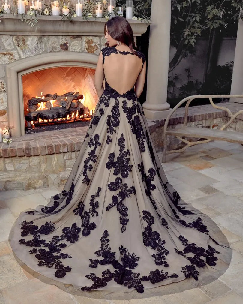 Modern Black V Neck Open Back A Line Wedding Dress With Lace And Tulle