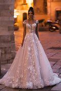 Backless Floor Length Bateau Sequins A Line Wedding Dress With Appliques Lace