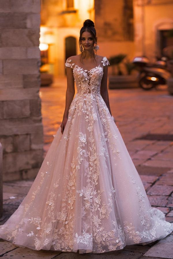 Backless Floor Length Bateau Sequins A Line Wedding Dress With Appliques Lace