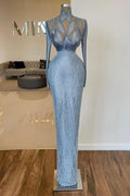 Elegante abito da sera sirena con perline e paillettes, a collo alto e maniche lunghe