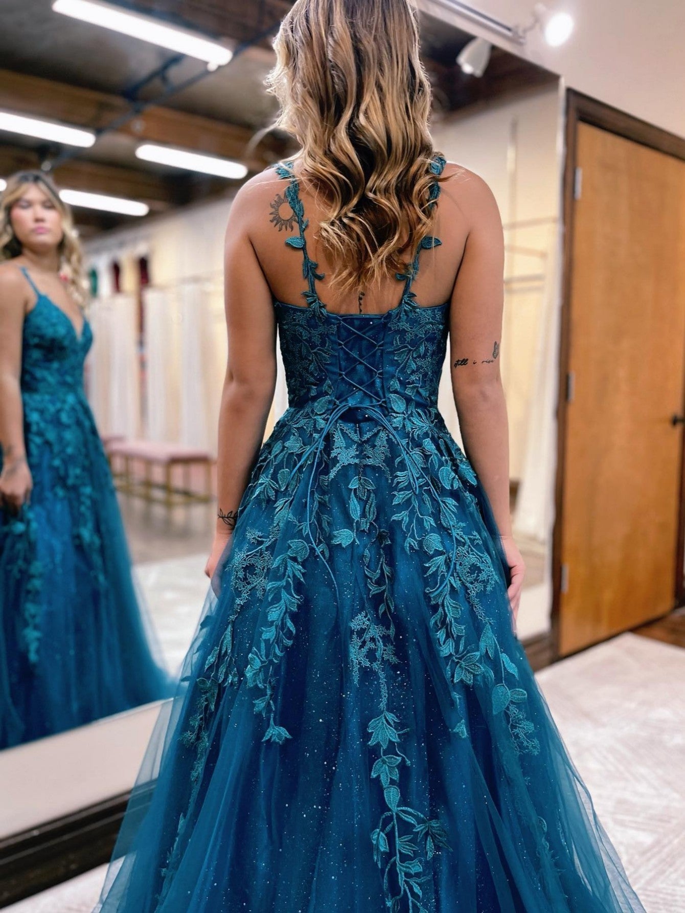 A Line Ink Blue Glitter Tulle Lace Prom Dress