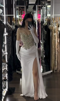 Custom Made White Strapless Beaded Split Prom Dress With Matching Gloves