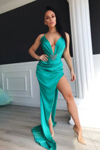 Sexy Long Mermaid V-Neck Satin Evening Prom Dress With Split