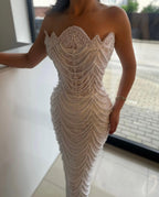 Luxury Strapless Sheath Lace Pearl Prom Dress Mermaid Floor