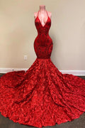 Vestido de fiesta sexy de sirena con escote en V profundo, espalda abierta, tirantes finos y lentejuelas en color rojo