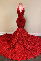 Vestido de fiesta sexy de sirena con escote en V profundo, espalda abierta, tirantes finos y lentejuelas en color rojo