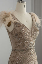 Bmbridal Taupe A Line V Neck Tulle Cap Sleeves Prom Dress With Appliques