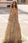 Sequined Pleated V Neck Tulle Straps Long Prom Dress