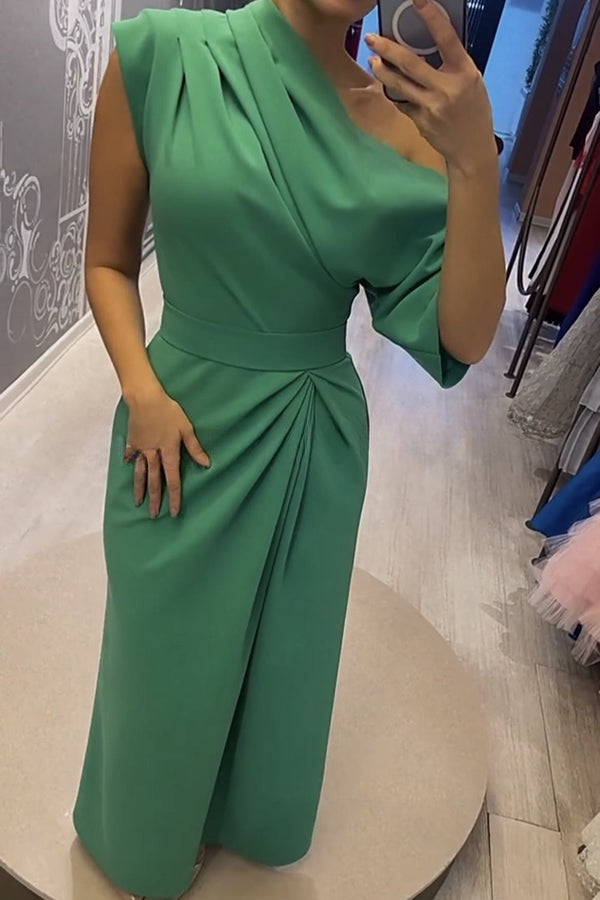 Robe de soirée unie à encolure ruchée irrégulière et manches mi-longues, longue et habillée