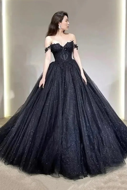 Black Shiny Tull Prom Dress Applique Off Shoulder Sweet Long Formal Wedding Party Dress Elegant Women's Evening Gowns Customized