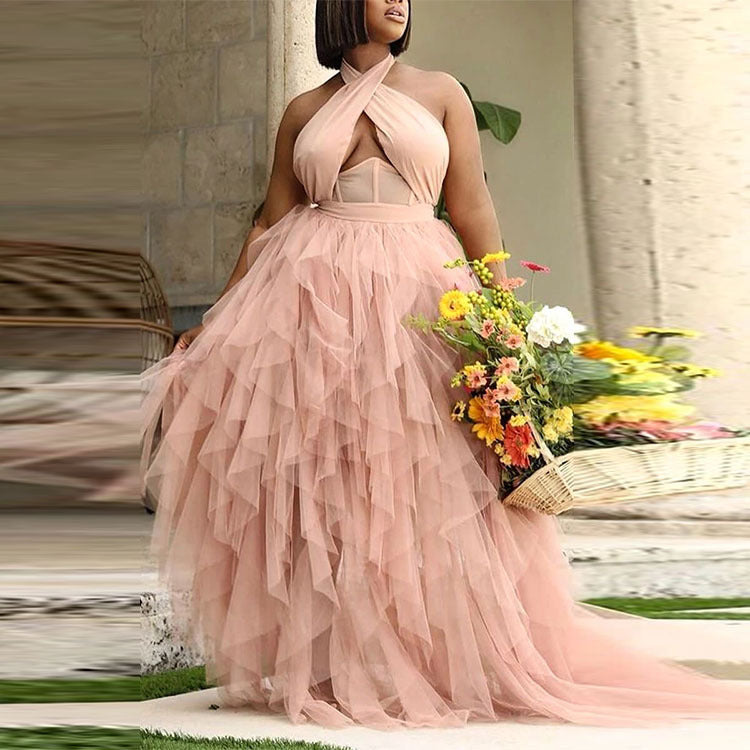 Plus Size Hochzeitskleid Damen Abendkleid Rosa Neckholderkleid Großes Swing Tüllkleid 