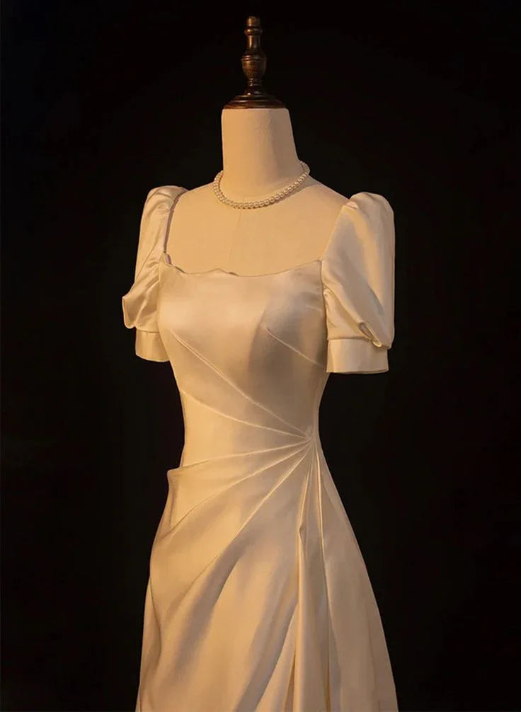 Vestido de Festa de Casamento Branco Elegante em Cetim, Corte em A, Vestido Longo de Baile, Vestido de Noite Y7546
