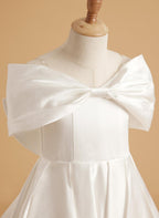 Ivory Satin Flower Girl Princess Ball Gown With Sweep Train And Bow Trim