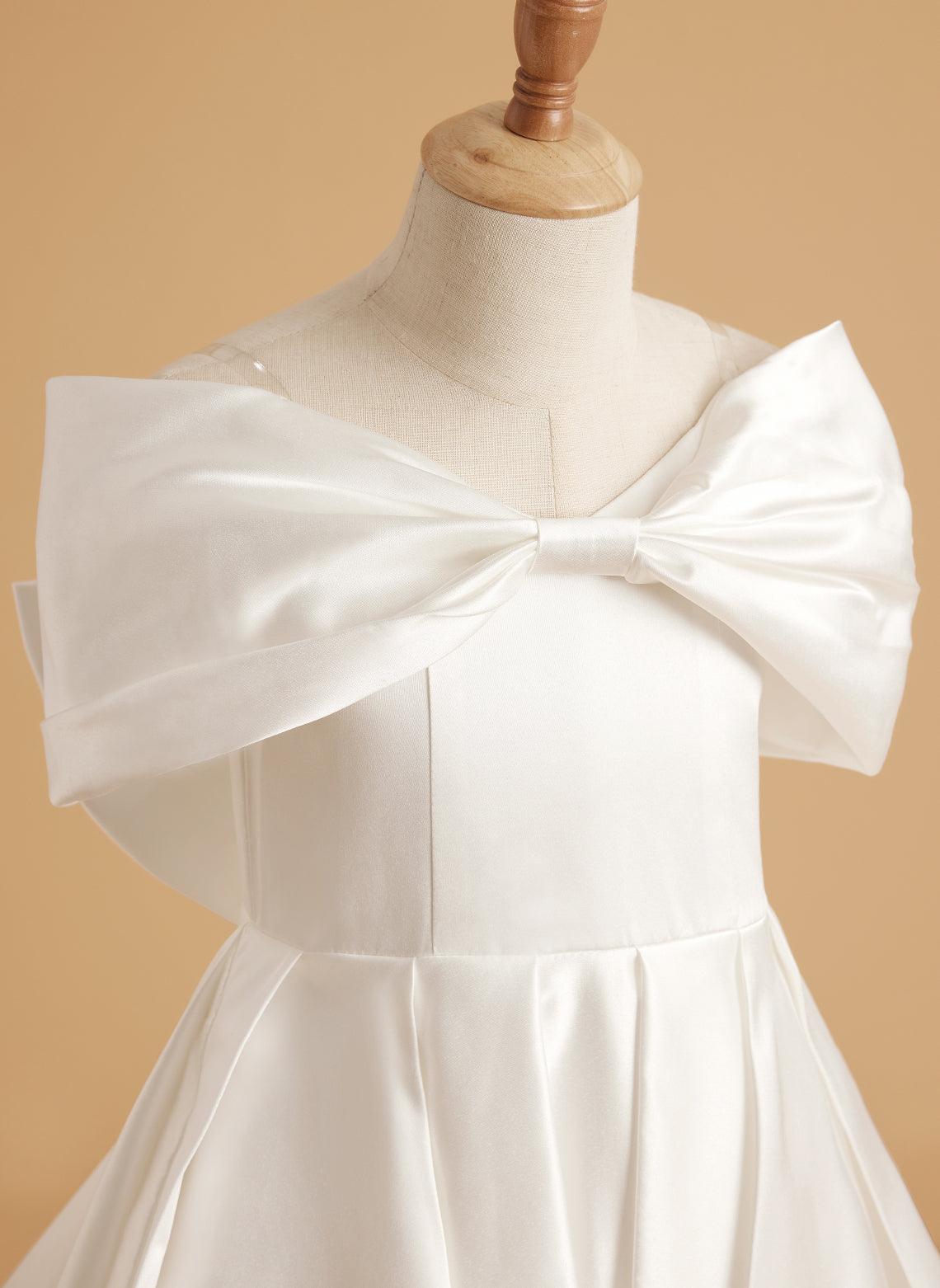 Ivory Satin Flower Girl Princess Ball Gown With Sweep Train And Bow Trim