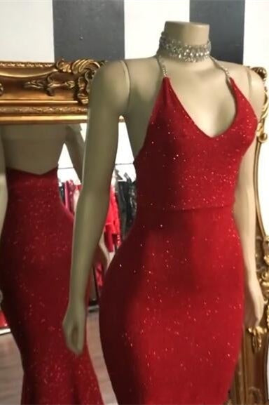 Custom Red Halter Neck Sequin Mermaid Long Prom Dress
