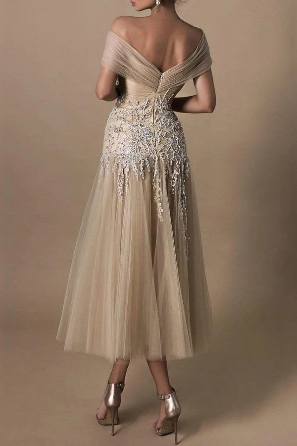 Champagne Off The Shoulder Wedding Dress With Appliques