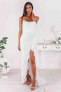 Vestido de cerimónia com alças finas estilo sereia, sem alças, com aplicação de renda