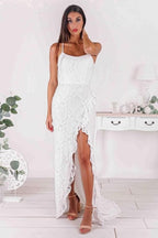 Vestido de cerimónia com alças finas estilo sereia, sem alças, com aplicação de renda