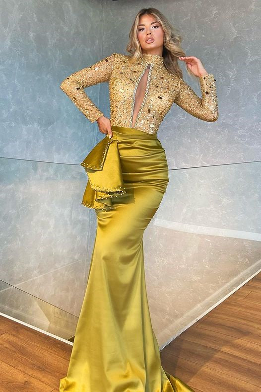 Custom High Collar Long Sleeves Mermaid Pleated Sequin Prom Dress Gown