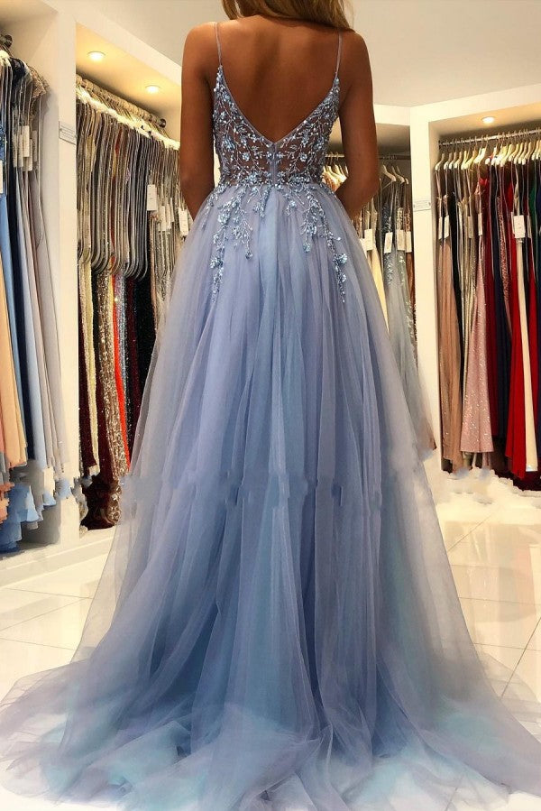 Blue Spaghetti Strap Prom Dress Tulle A Line Backless Floor Length Beads
