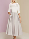 Tea Length Mother Of The Bride Dress A Line With Jewel Neckline And Pockets