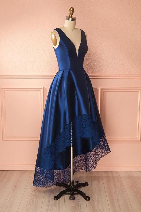 Deep Blue V Neck High Low Lace Satin Prom Dresses Bridesmaid Dresses