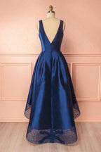 Deep Blue V Neck High Low Lace Satin Prom Dresses Bridesmaid Dresses