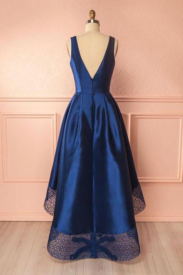 Deep Blue V Neck High Low Lace Satin Prom Dresses Bridesmaid Dresses