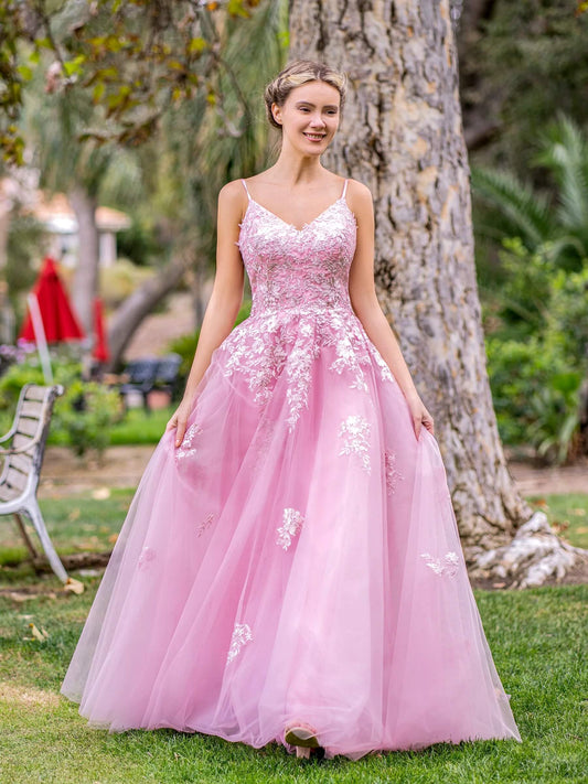 Vestido de fiesta de tul con escote en V profundo, apliques de encaje y largo hasta el suelo