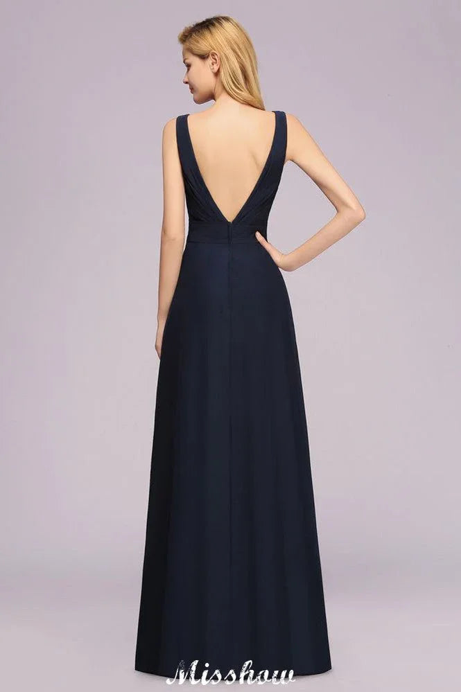 Vestido de Dama de Honra com Decote em V Profundo, Bordado, Corte em A, Comprimento até ao Chão, Vestido de Madrinha de Honra