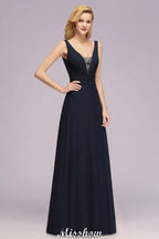 Vestido de Dama de Honra com Decote em V Profundo, Bordado, Corte em A, Comprimento até ao Chão, Vestido de Madrinha de Honra