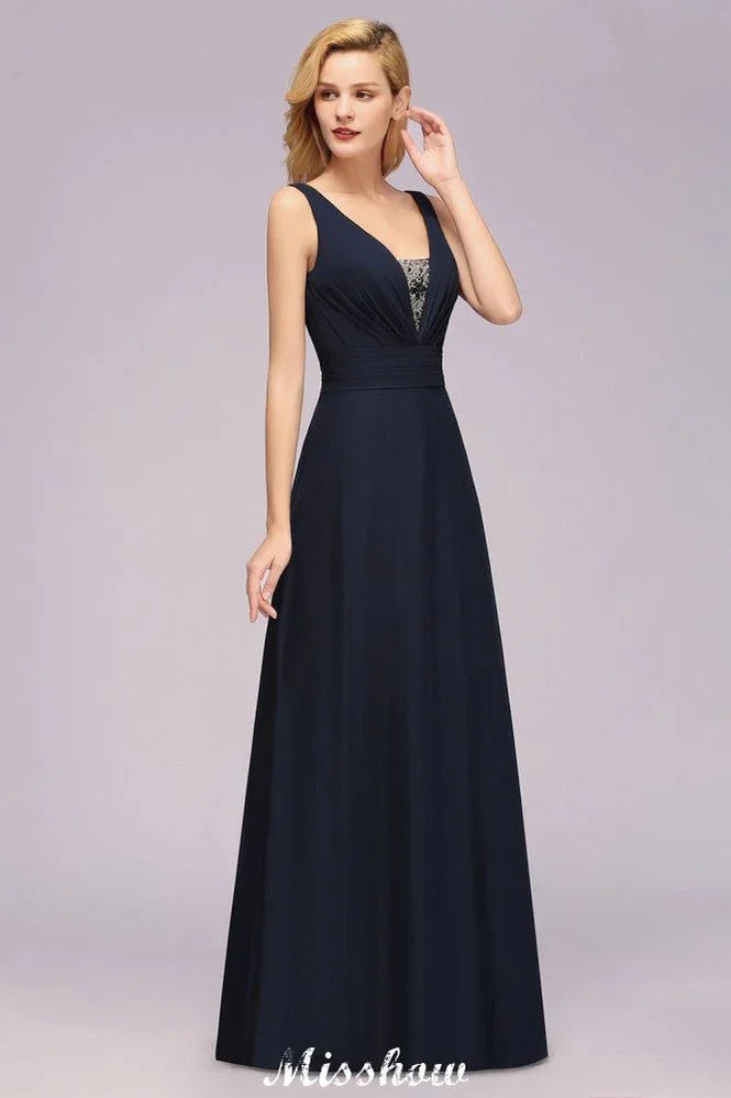 Vestido de Dama de Honra com Decote em V Profundo, Bordado, Corte em A, Comprimento até ao Chão, Vestido de Madrinha de Honra