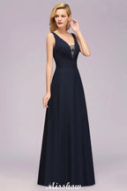 Vestido de Dama de Honra com Decote em V Profundo, Bordado, Corte em A, Comprimento até ao Chão, Vestido de Madrinha de Honra