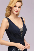 Vestido de Dama de Honra com Decote em V Profundo, Bordado, Corte em A, Comprimento até ao Chão, Vestido de Madrinha de Honra