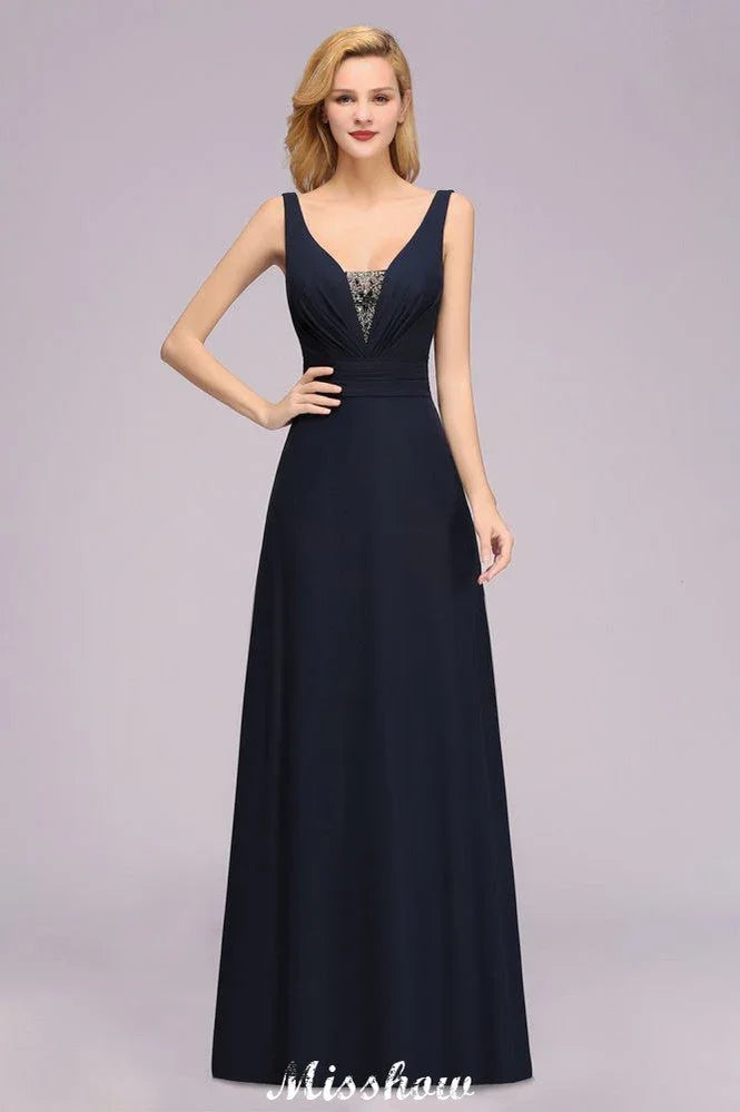 Vestido de Dama de Honra com Decote em V Profundo, Bordado, Corte em A, Comprimento até ao Chão, Vestido de Madrinha de Honra