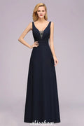 Vestido de Dama de Honra com Decote em V Profundo, Bordado, Corte em A, Comprimento até ao Chão, Vestido de Madrinha de Honra