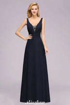 Vestido de Dama de Honra com Decote em V Profundo, Bordado, Corte em A, Comprimento até ao Chão, Vestido de Madrinha de Honra