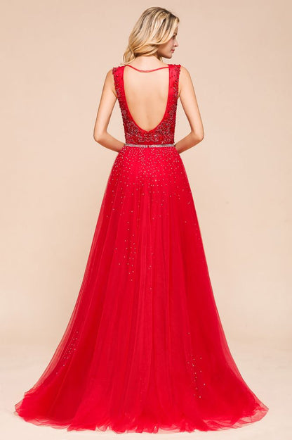 Vestido largo de noche con escote en V profundo, sin mangas, con apliques de encaje, corte A, de gasa