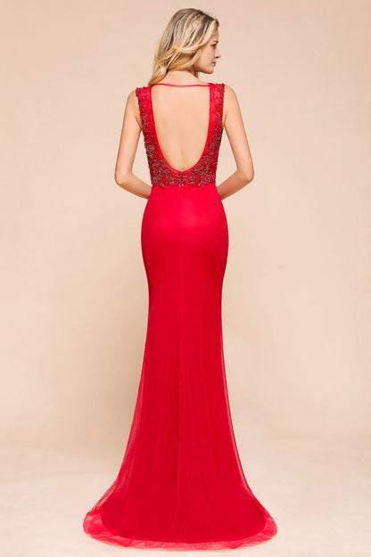 Vestido largo de noche con escote en V profundo, sin mangas, con apliques de encaje, corte A, de gasa