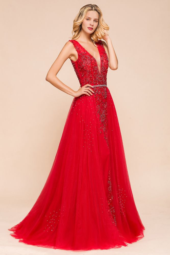 Abito lungo da sera a linea ad A in chiffon con scollo a V profondo, senza maniche, applicazioni in pizzo
