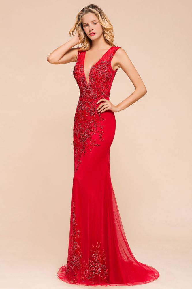 Vestido largo de noche con escote en V profundo, sin mangas, con apliques de encaje, corte A, de gasa